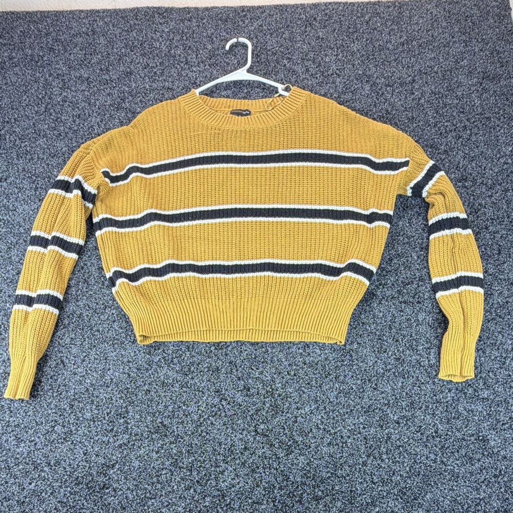 Ambiance Apparel Women's Mustard/Black/White Striped Rib-Knit Crewneck Sweater L